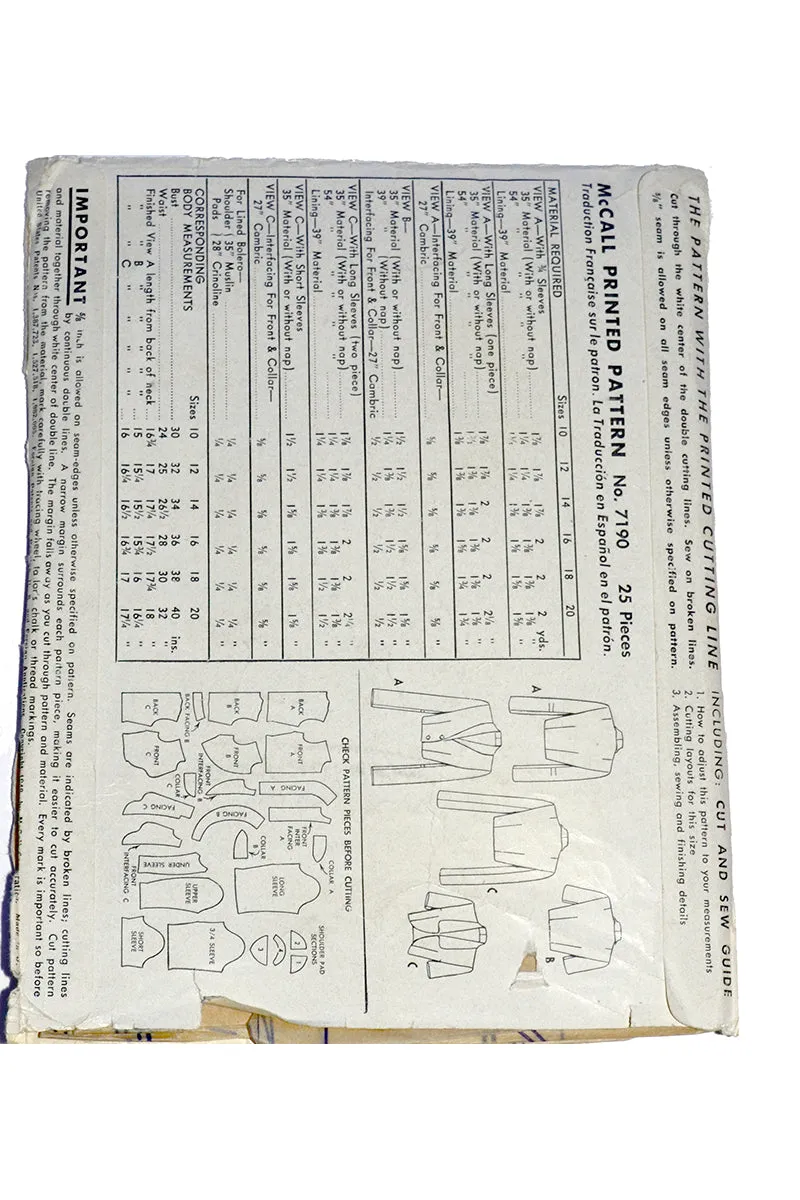 1948 McCall 7190 Vintage Sewing Pattern for 1940s Boleros