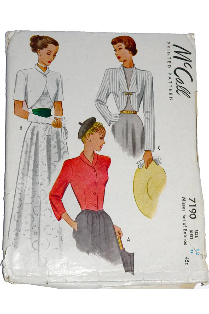 1948 McCall 7190 Vintage Sewing Pattern for 1940s Boleros