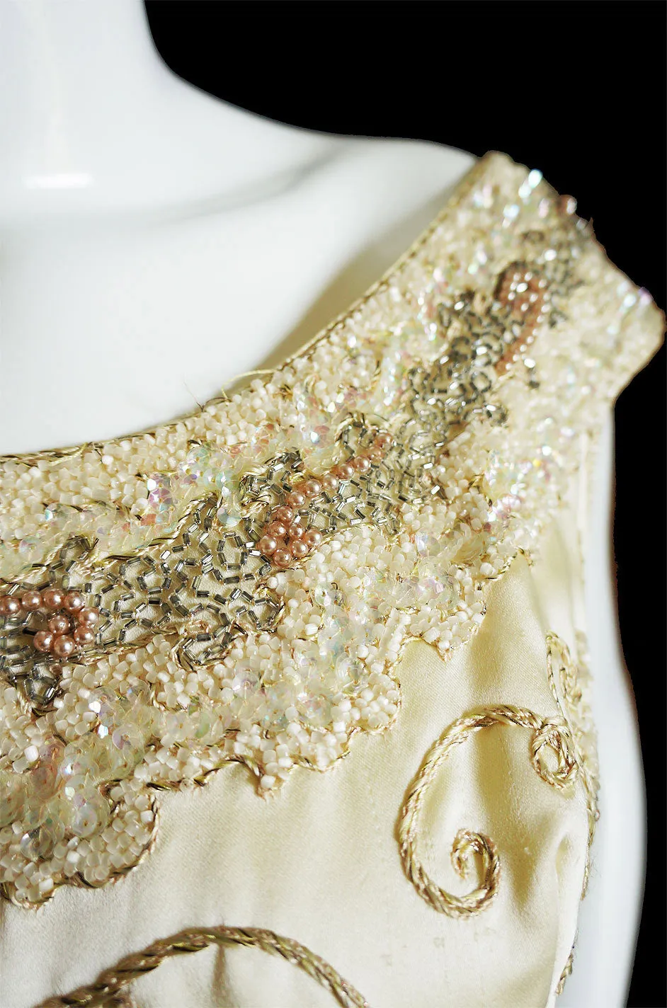 Exquisite 1950s Embroidered Silk Gown with Beaded Details