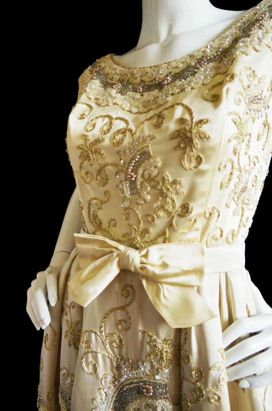 Exquisite 1950s Embroidered Silk Gown with Beaded Details