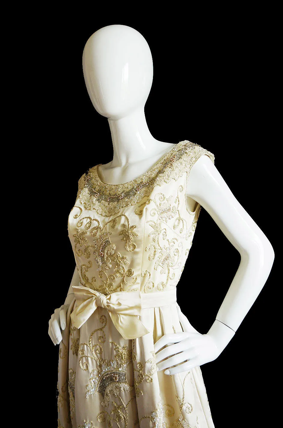 Exquisite 1950s Embroidered Silk Gown with Beaded Details