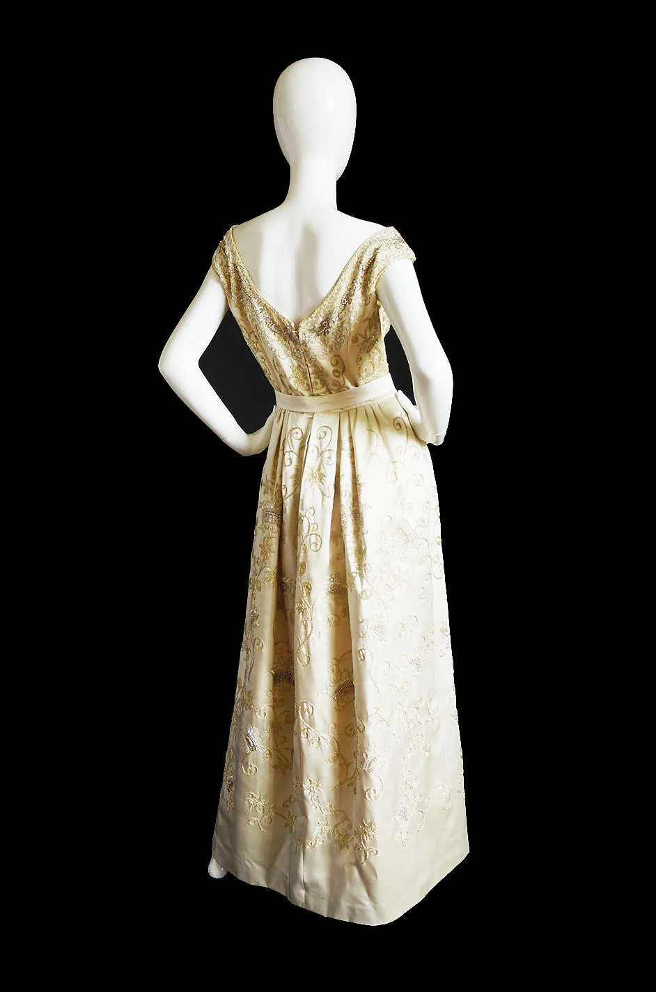 Exquisite 1950s Embroidered Silk Gown with Beaded Details