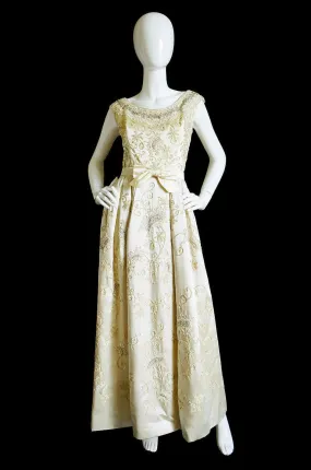 Exquisite 1950s Embroidered Silk Gown with Beaded Details