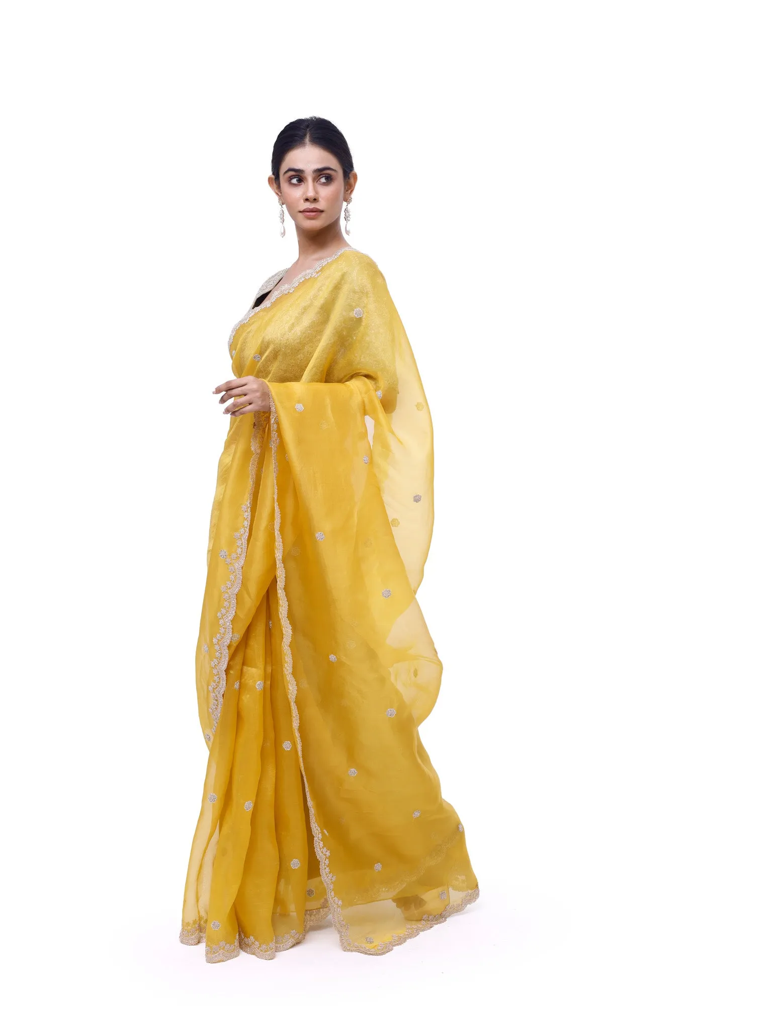 92A139 Yellow Embroidered Organza Saree with Green Embroidered Blouse