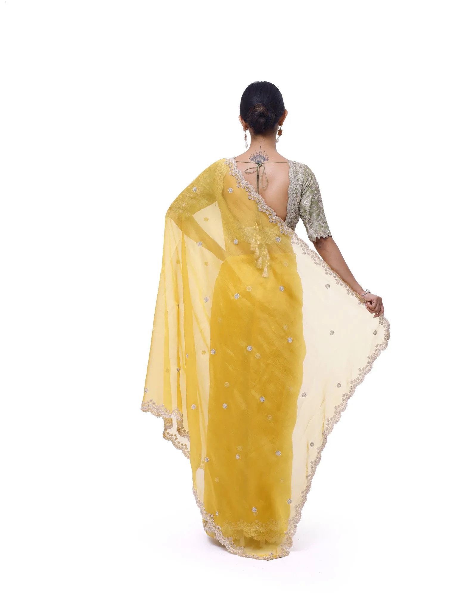 92A139 Yellow Embroidered Organza Saree with Green Embroidered Blouse