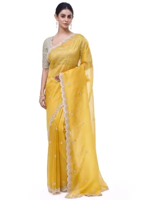 92A139 Yellow Embroidered Organza Saree with Green Embroidered Blouse