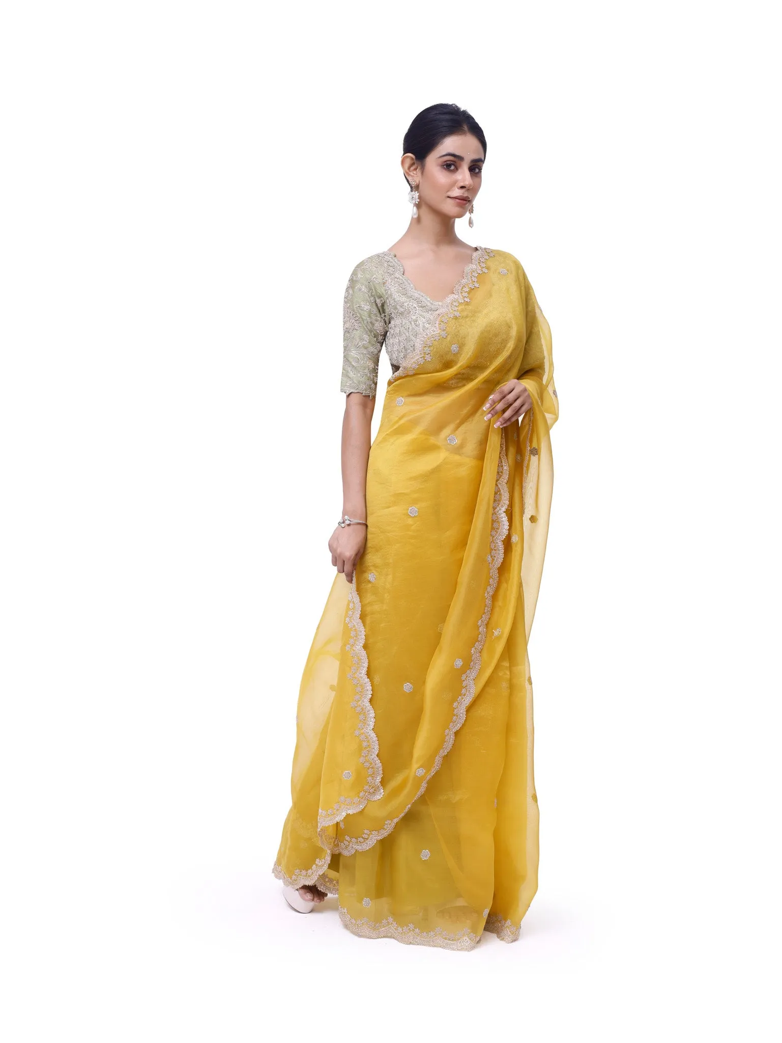 92A139 Yellow Embroidered Organza Saree with Green Embroidered Blouse