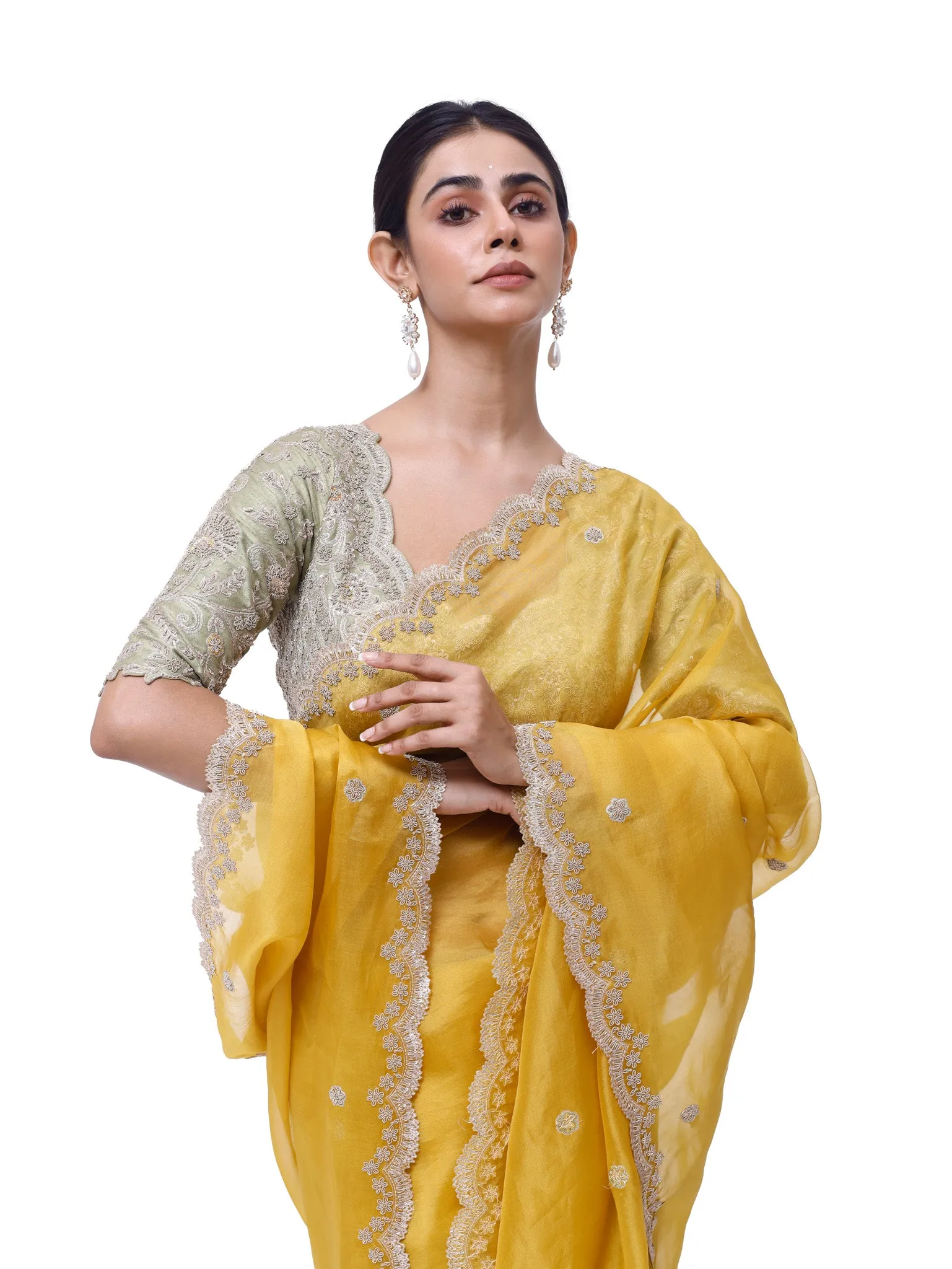 92A139 Yellow Embroidered Organza Saree with Green Embroidered Blouse