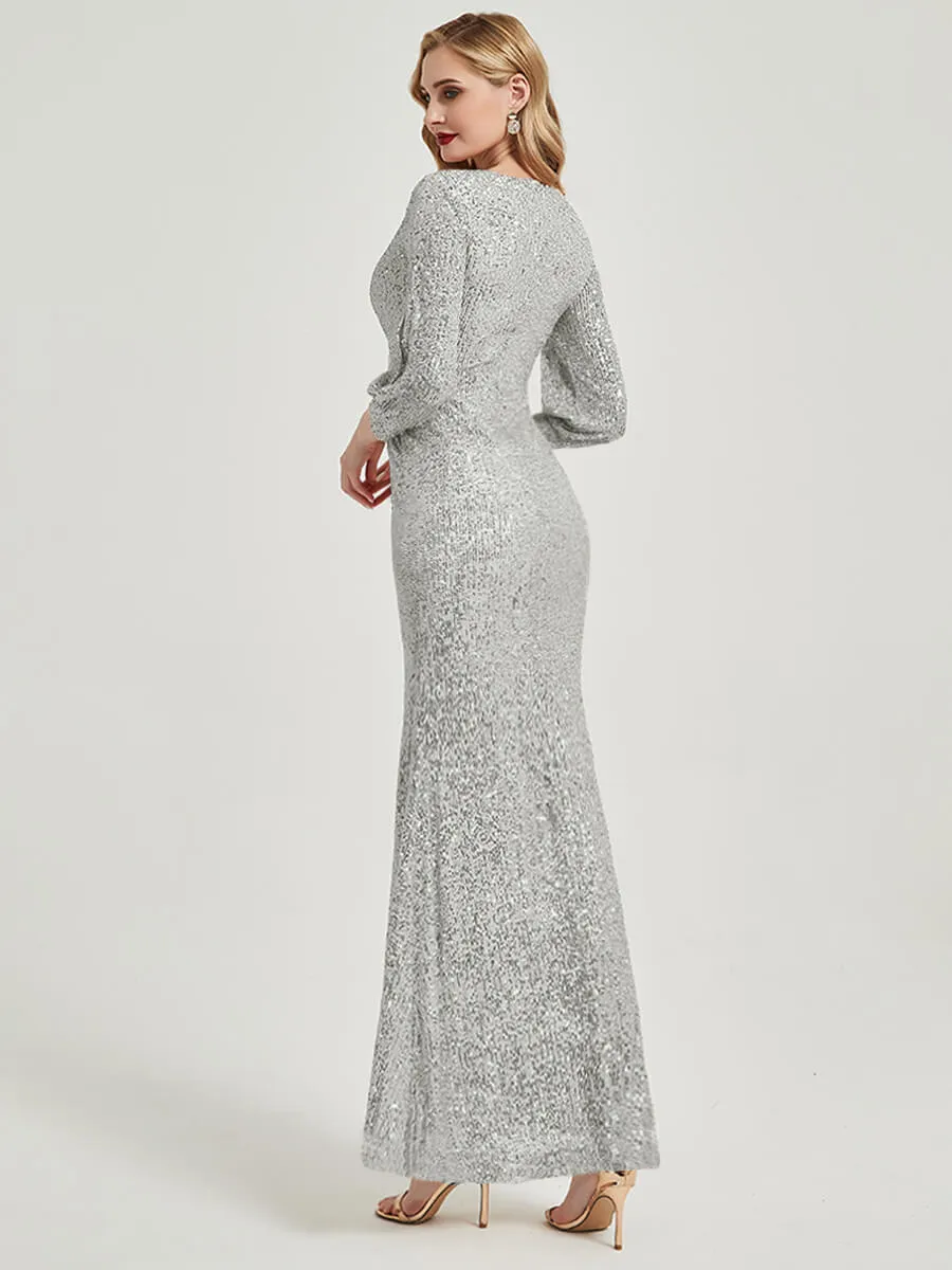 Apricot Grey Sequin Slit Long Sleeve Maxi Formal Mermaid Evening Dress