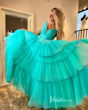 Aqua Ruffled Tulle Prom Dresses Plunging V-Neck Formal Gown FD3252