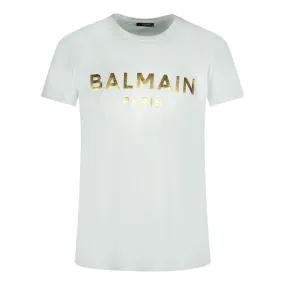 Balmain Paris Gold Brand Logo White T Shirt