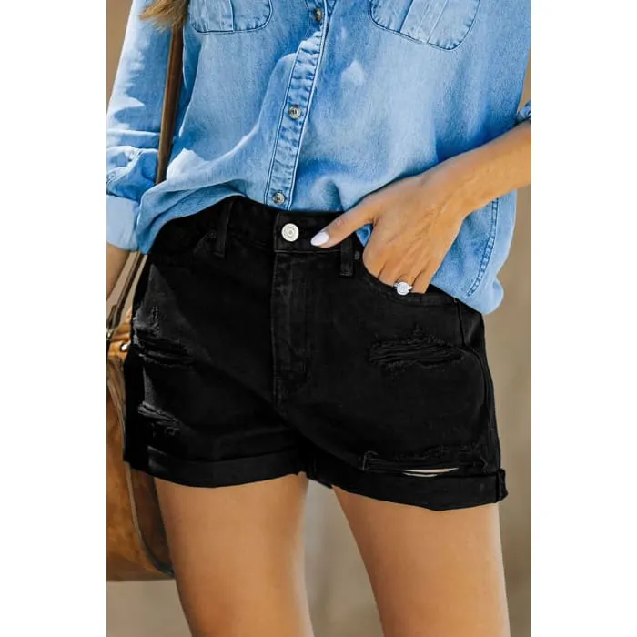 Black Distressed Denim Shorts