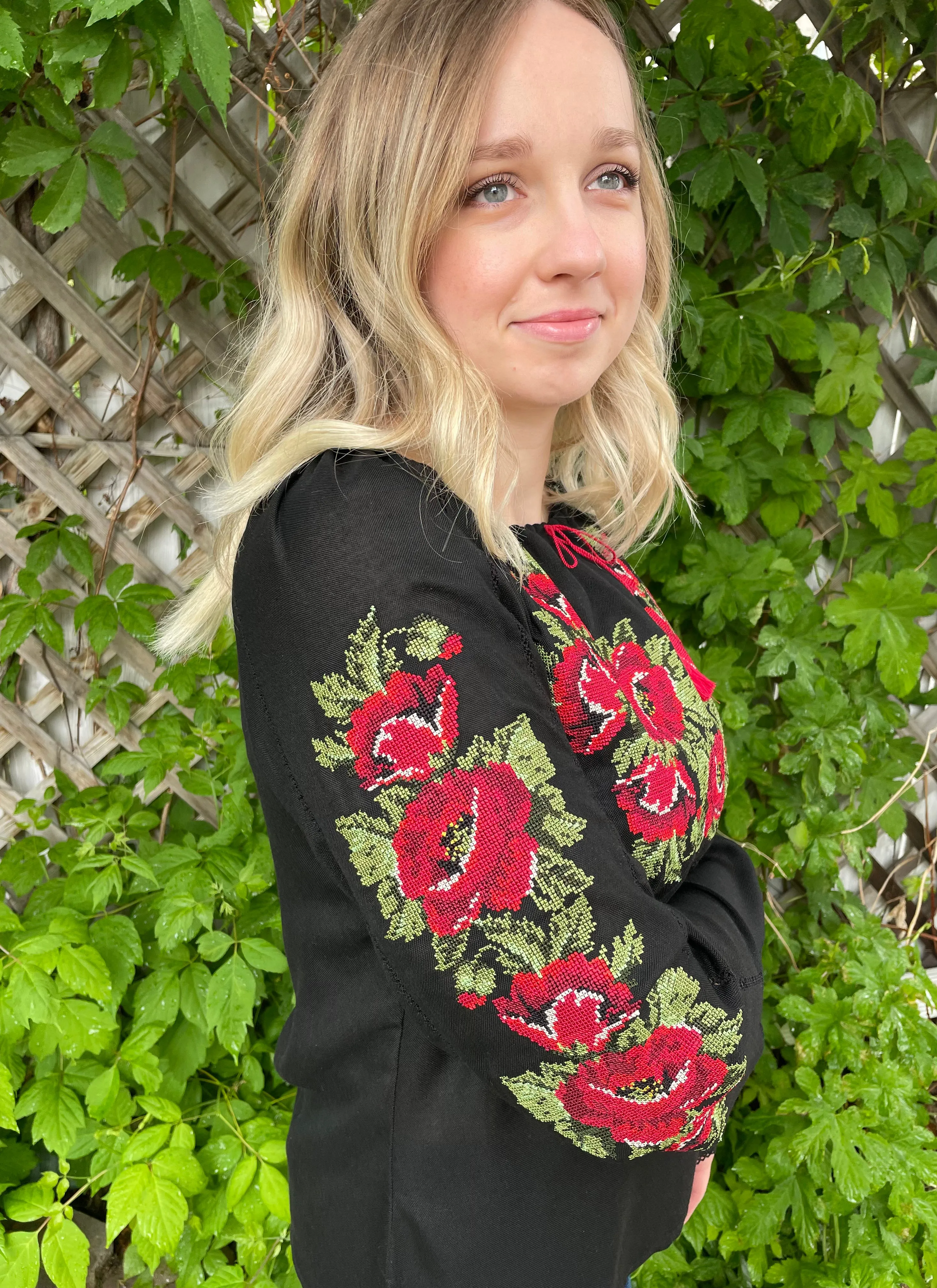 Black Embroidered Blouse Poppies