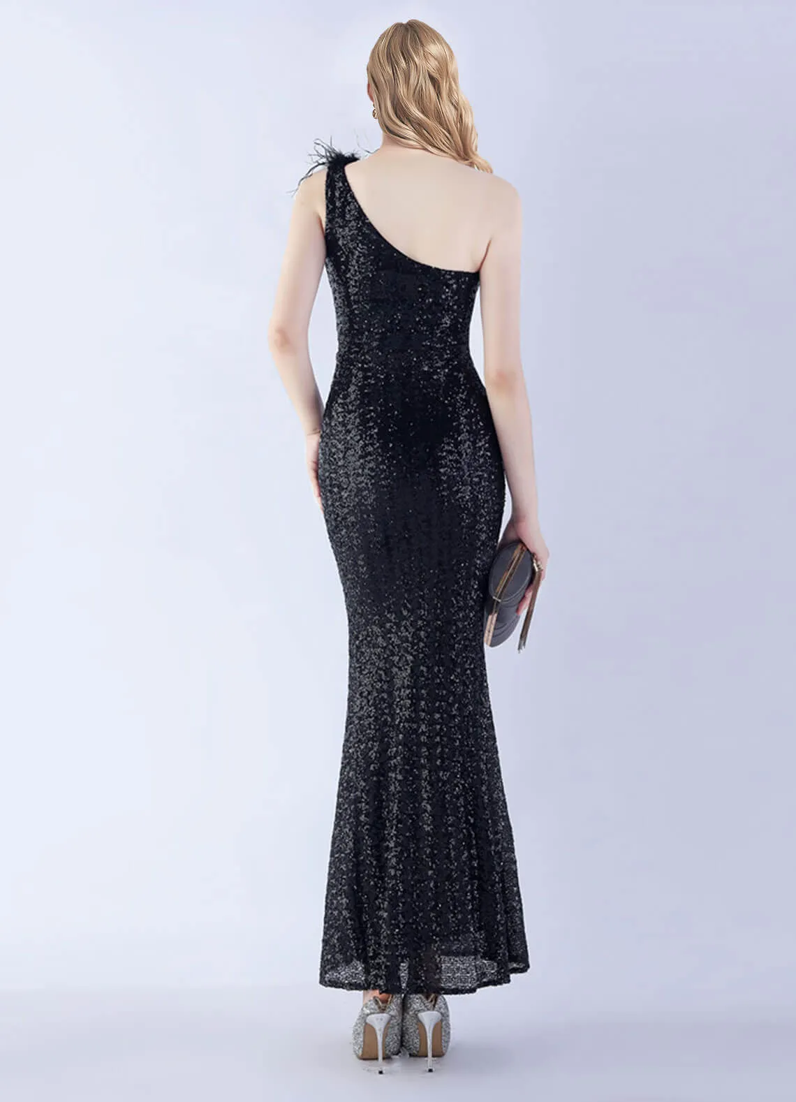 Black Luxury One Shoulder Feather Sequin Mermaid Formal Gown