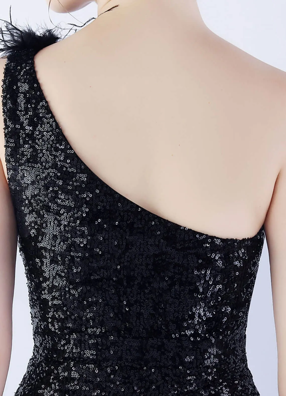 Black Luxury One Shoulder Feather Sequin Mermaid Formal Gown