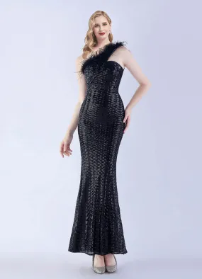 Black Luxury One Shoulder Feather Sequin Mermaid Formal Gown