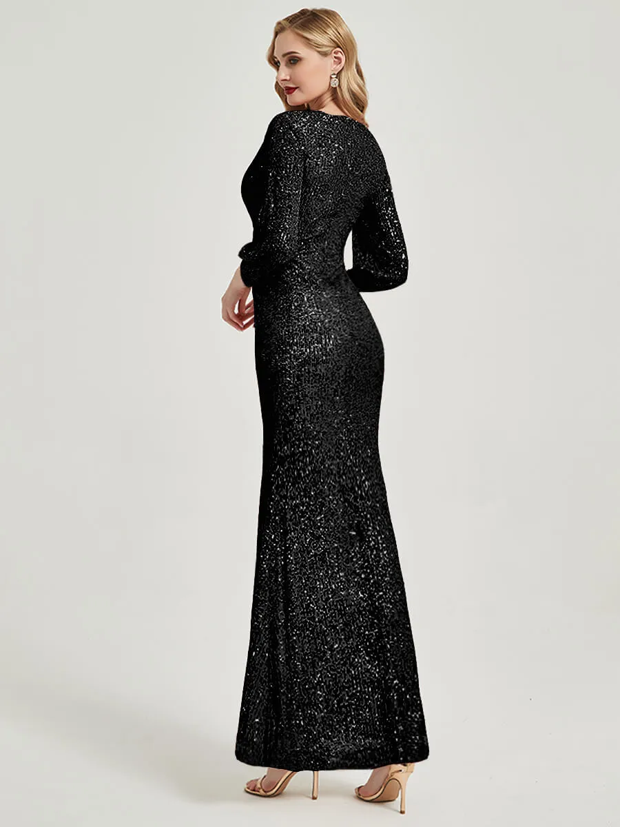 Black Sequin V-Neck Long Sleeve Maxi Formal Mermaid Evening Dress