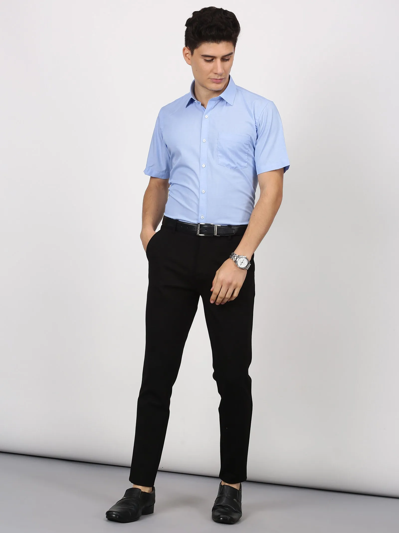 Blue Solid Short Sleeve Formal Shirt