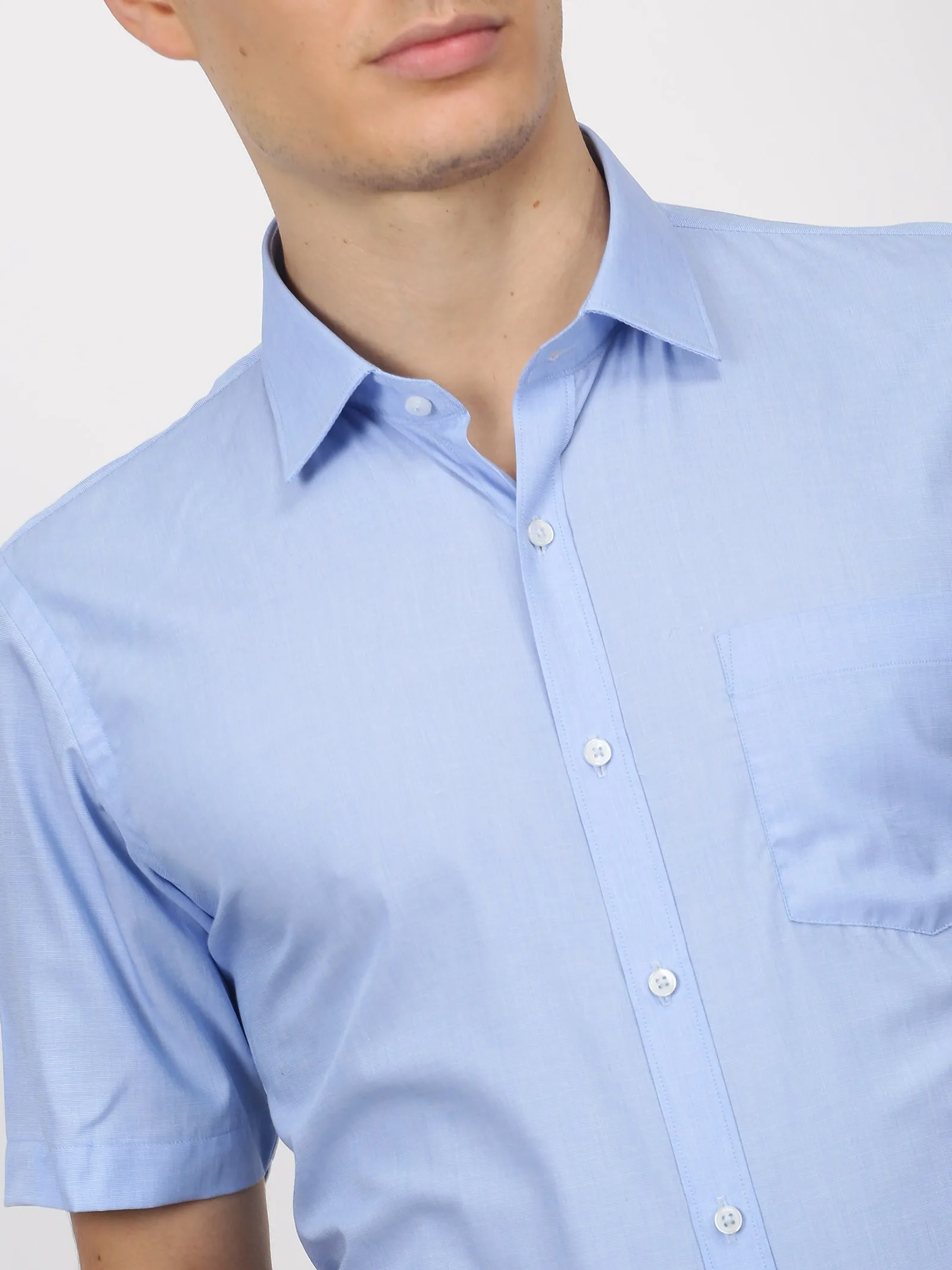 Blue Solid Short Sleeve Formal Shirt