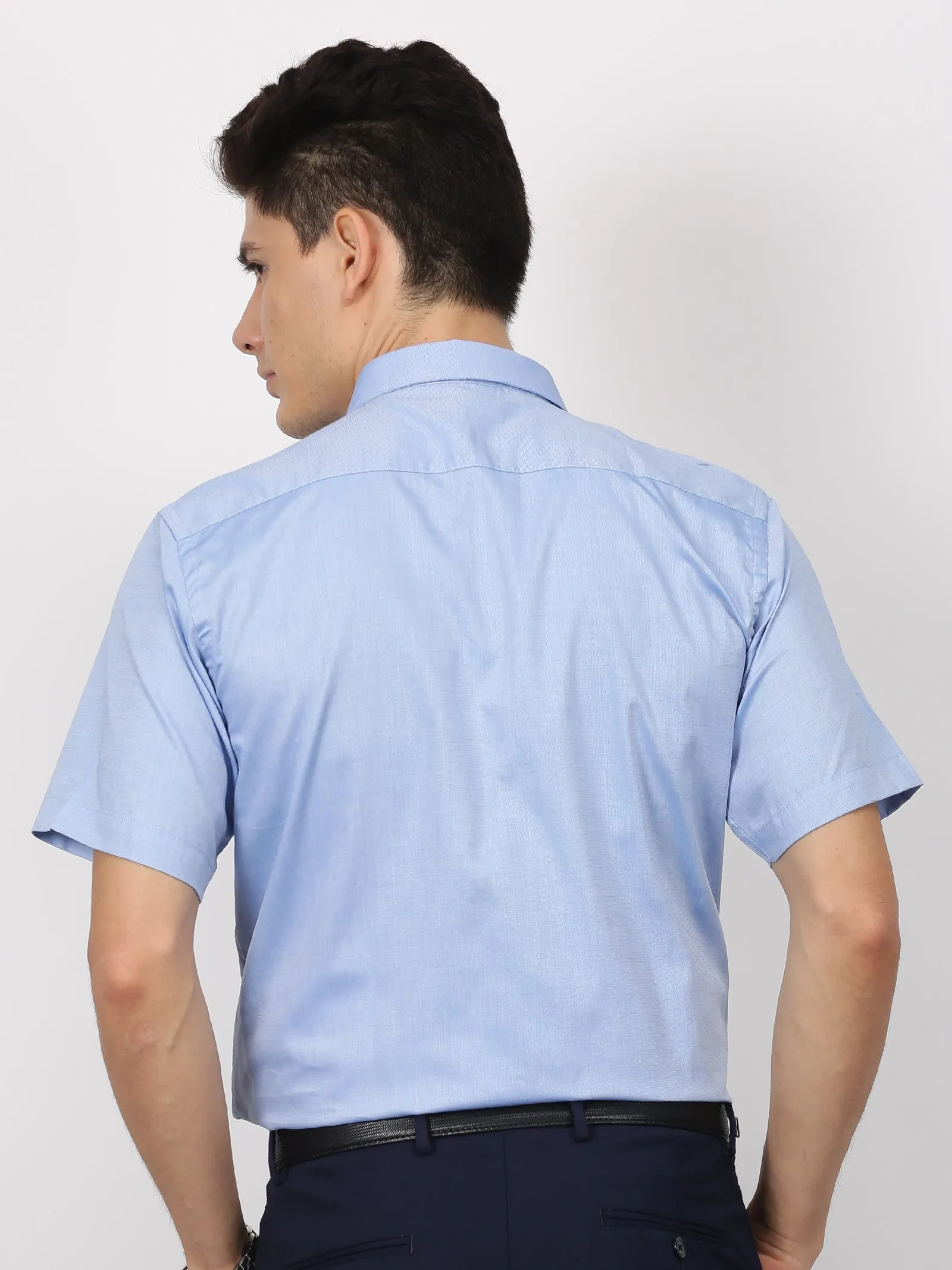 Blue Solid Short Sleeve Formal Shirt