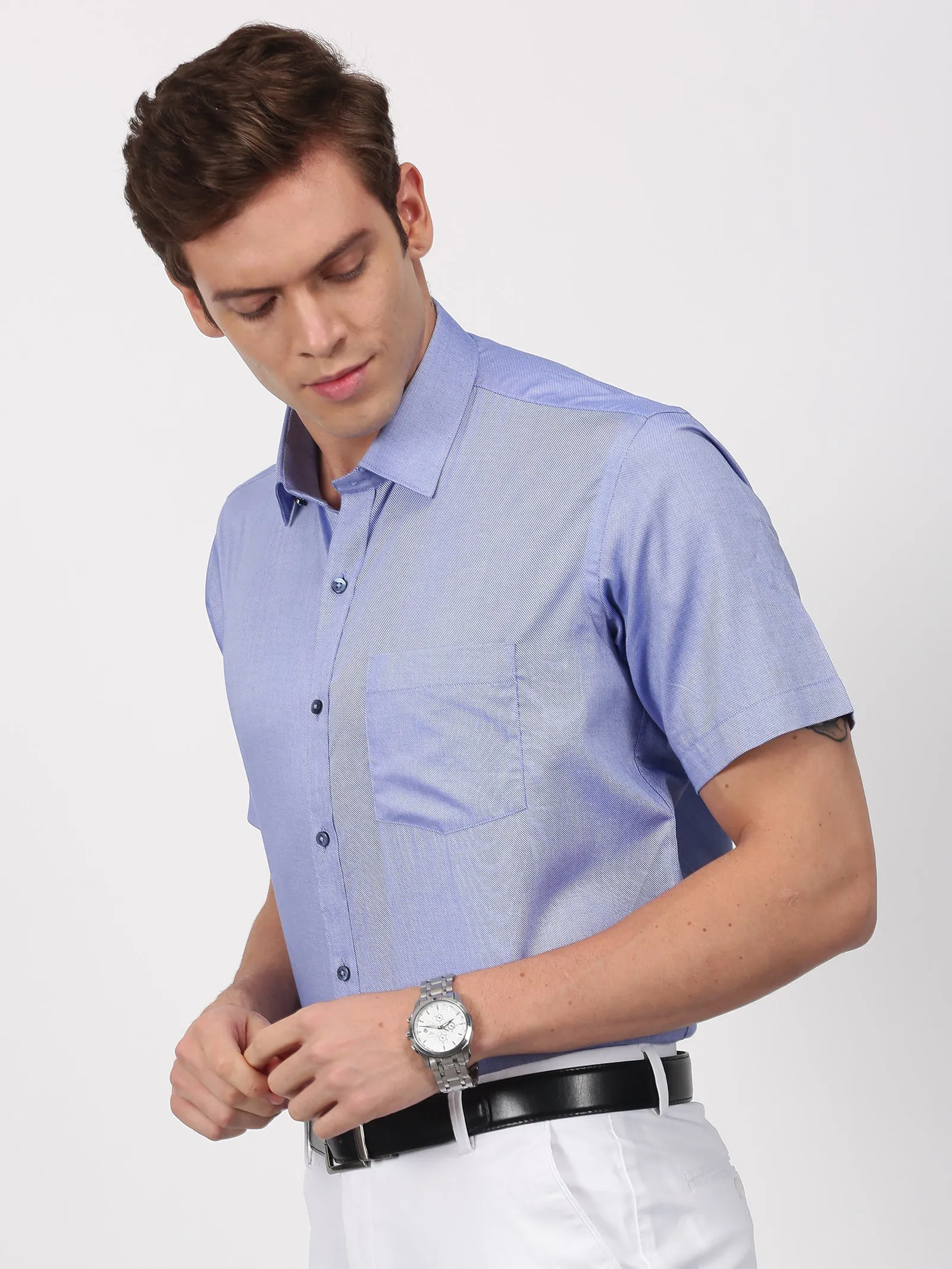 Blue Solid Short Sleeve Formal Shirt