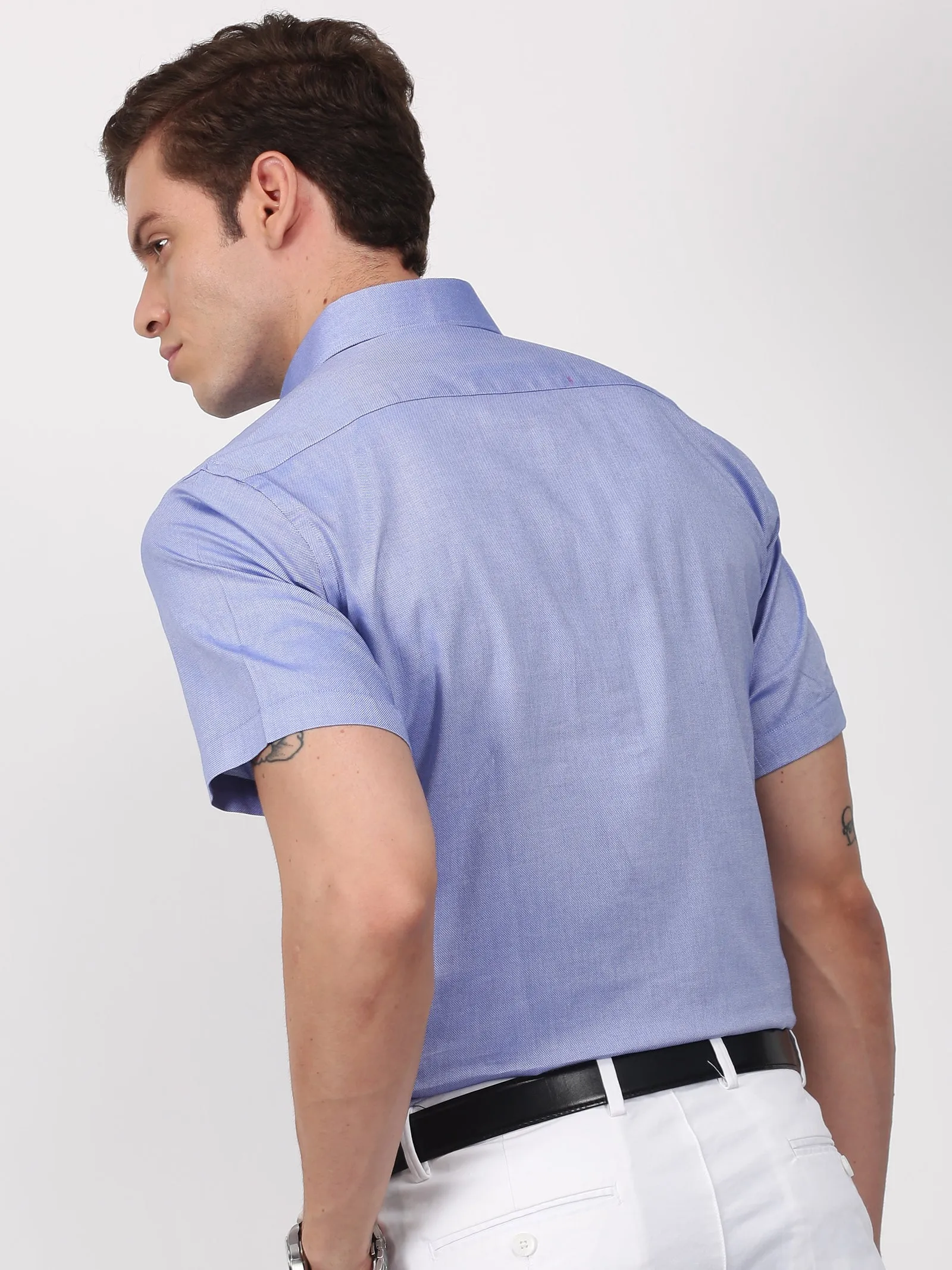 Blue Solid Short Sleeve Formal Shirt