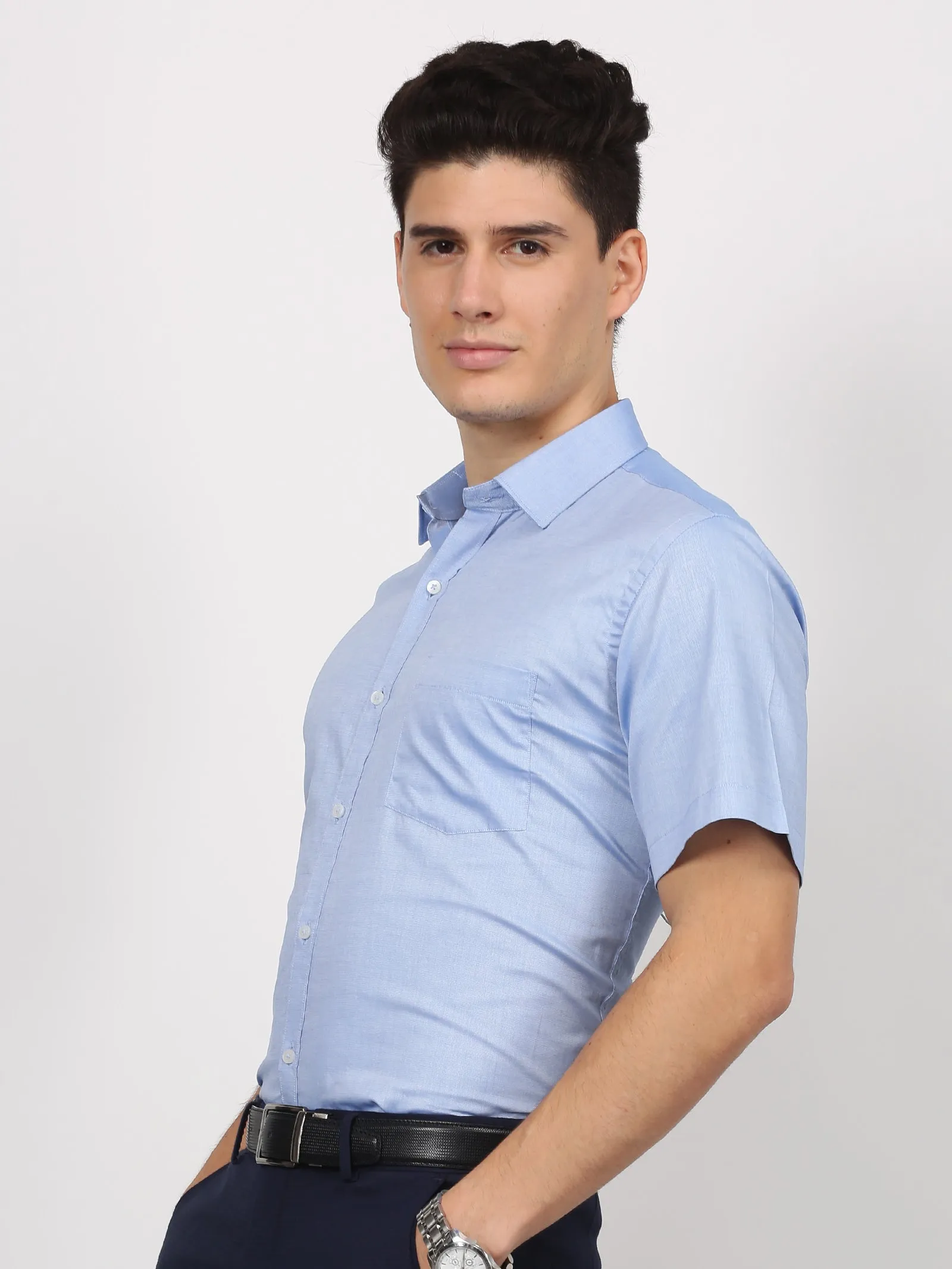 Blue Solid Short Sleeve Formal Shirt