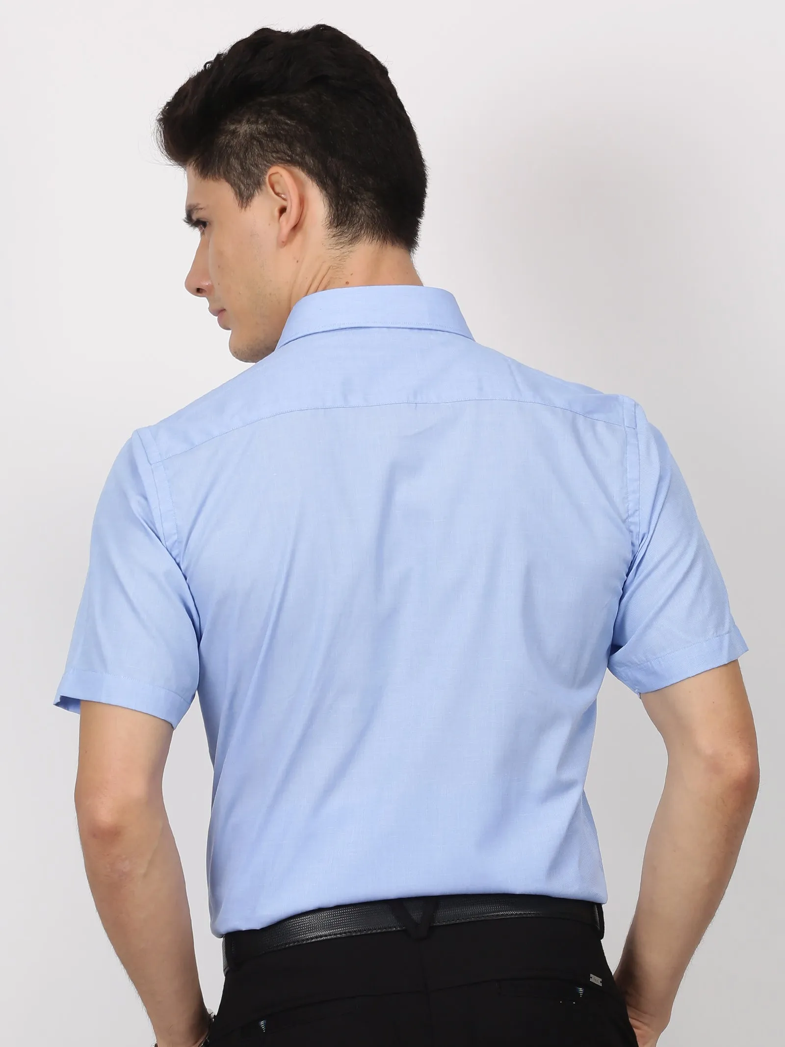 Blue Solid Short Sleeve Formal Shirt