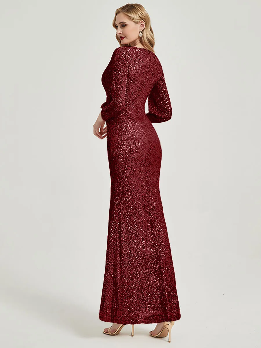 Burgundy Sequin V-Neck Long Sleeve Maxi Formal Mermaid Evening Dress