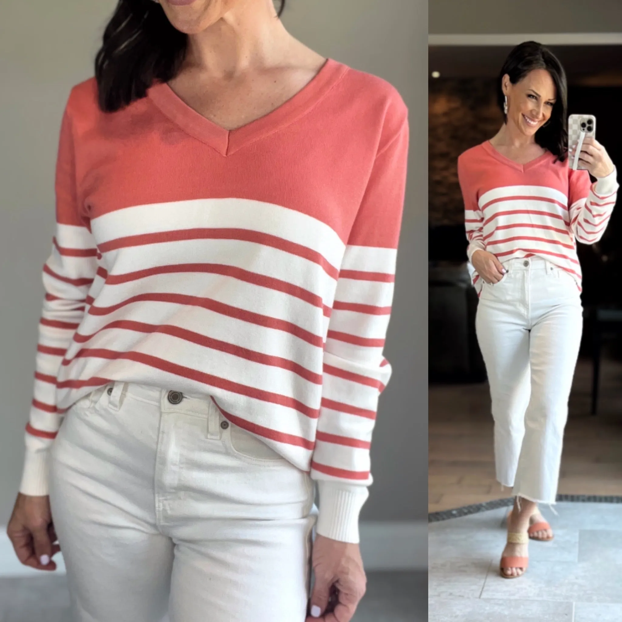 Coral V Neck Striped Loose Sweater