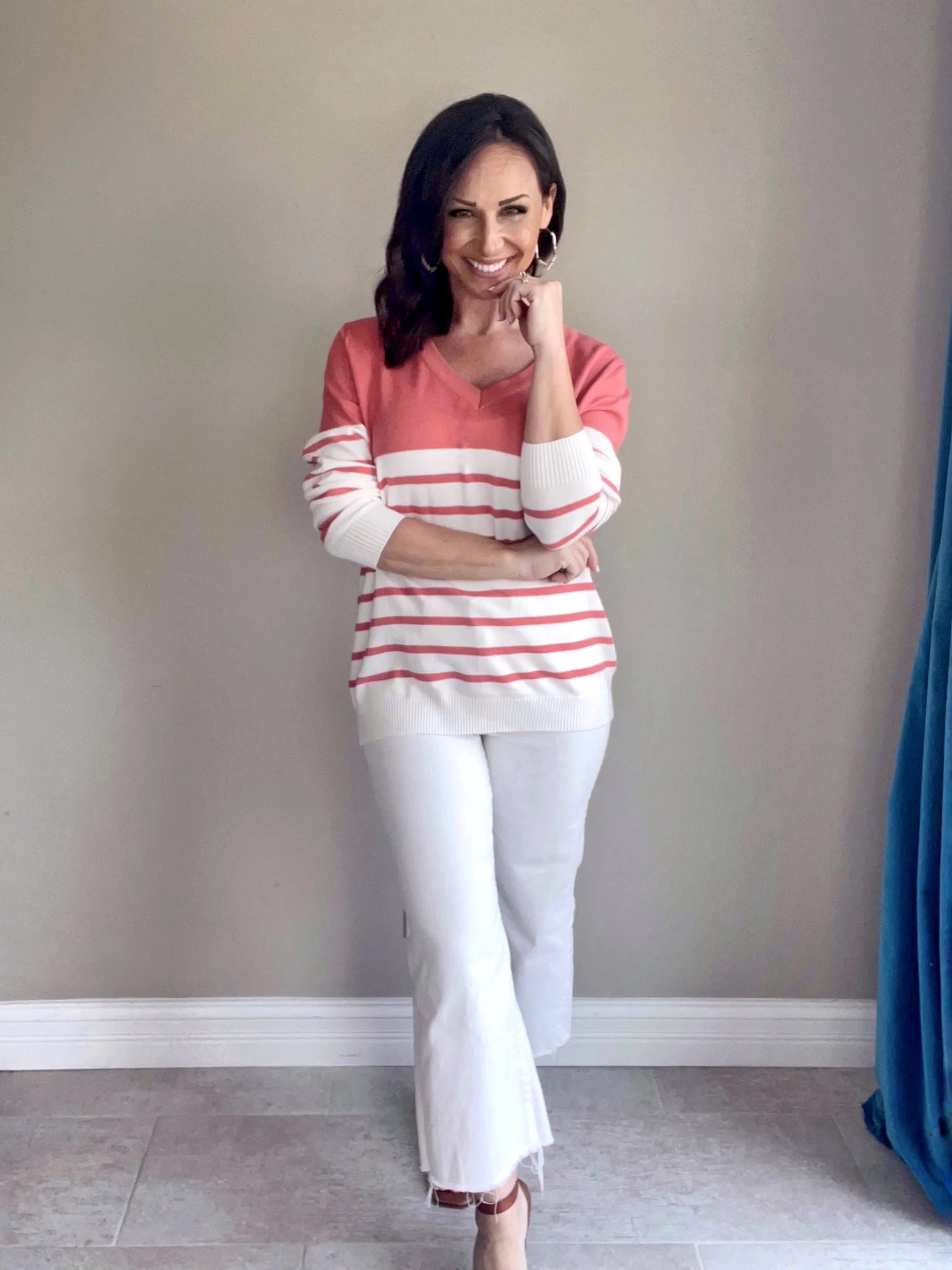 Coral V Neck Striped Loose Sweater