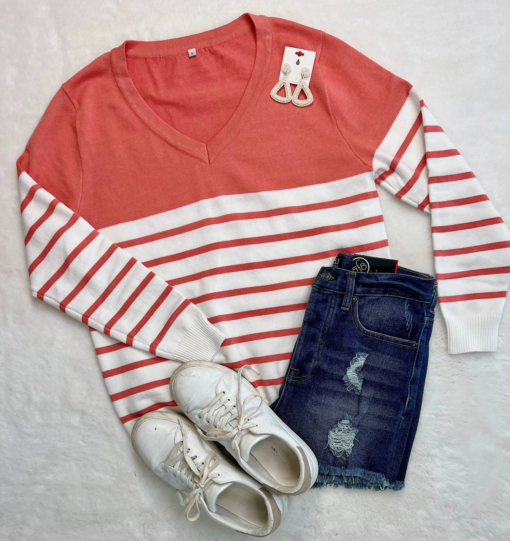 Coral V Neck Striped Loose Sweater