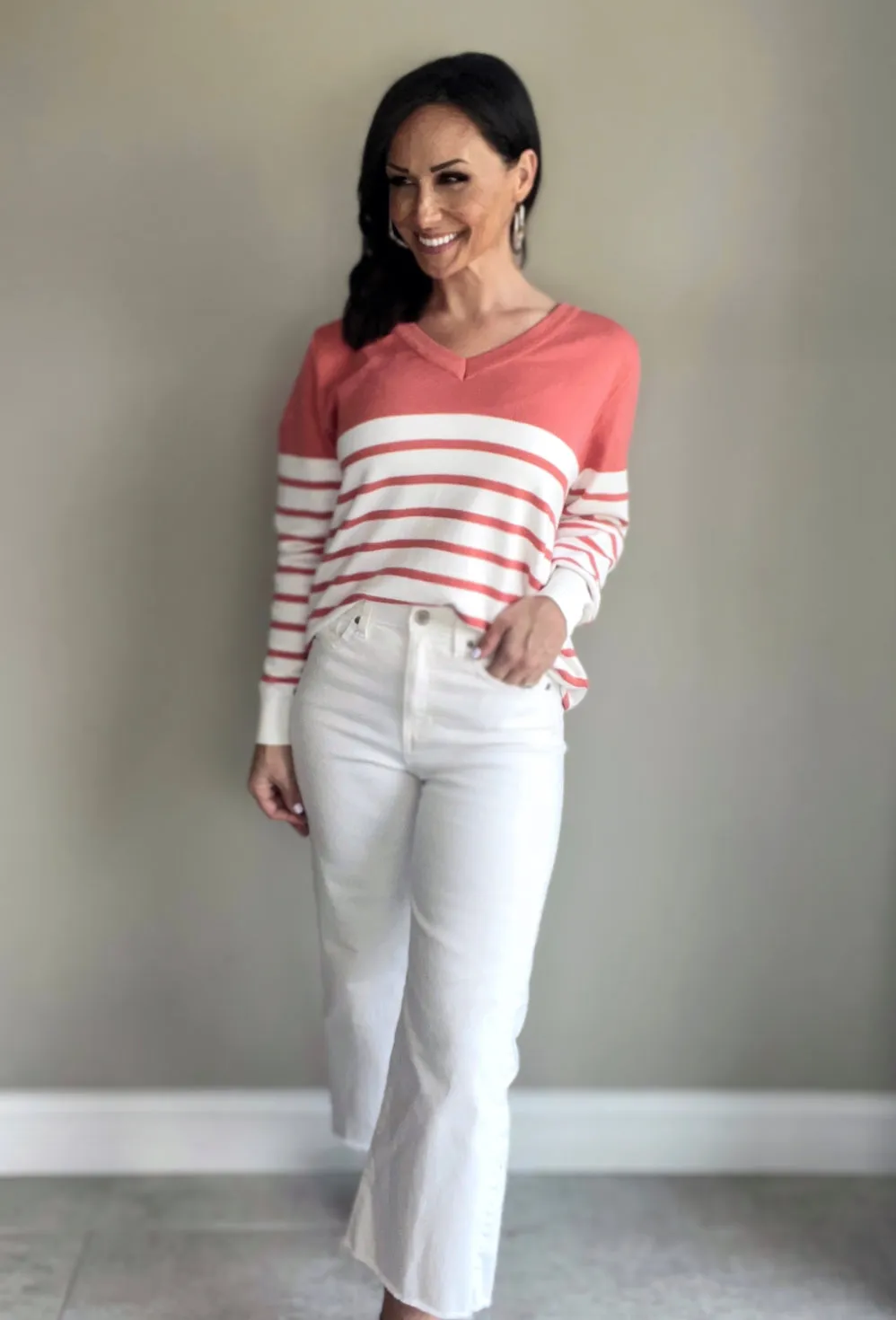 Coral V Neck Striped Loose Sweater