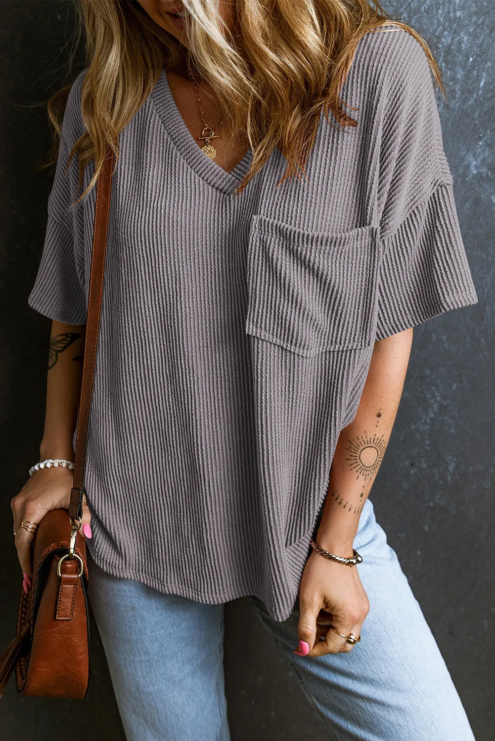 Corded V Neck Chest Loose T-shirt