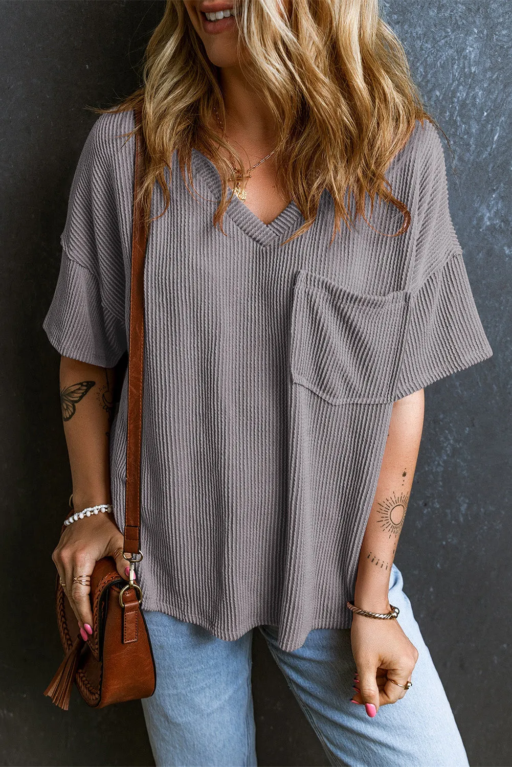 Corded V Neck Chest Loose T-shirt