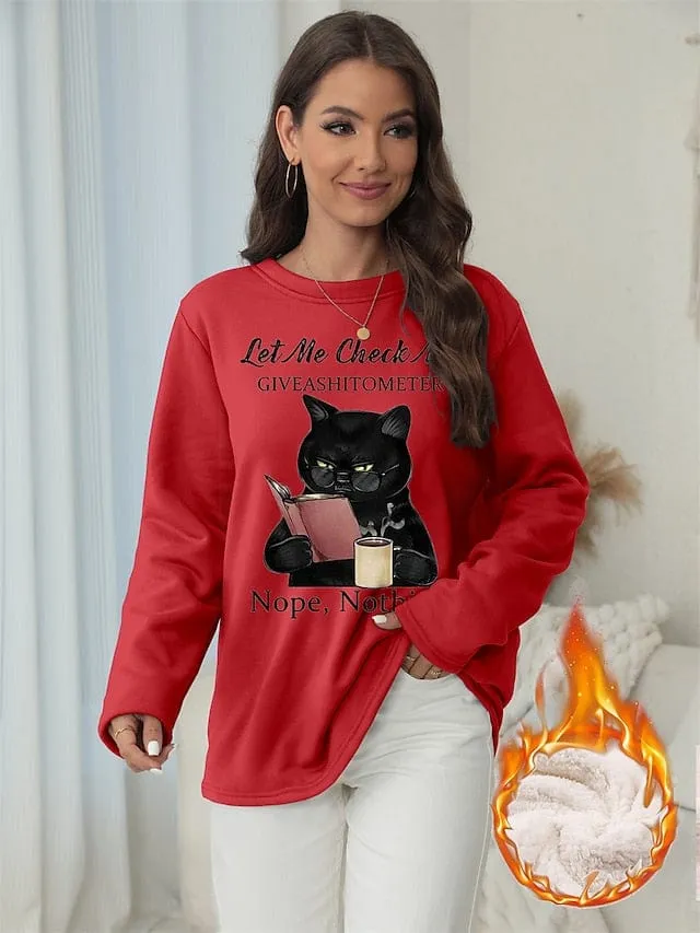 Cozy Vintage-Inspired Cat Print Fleece Sweatshirt for Women