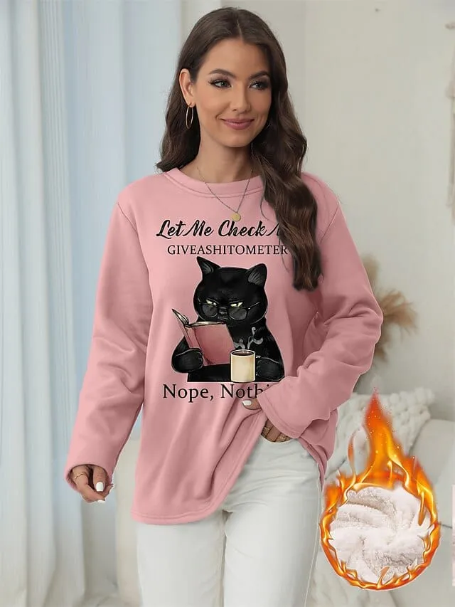 Cozy Vintage-Inspired Cat Print Fleece Sweatshirt for Women