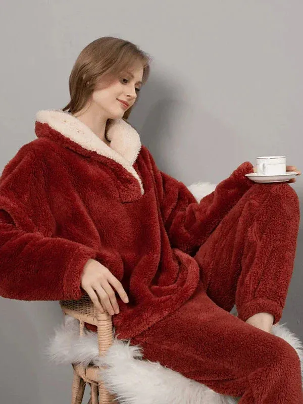 Cozy Women's Plush Fleece Pajama Sets in Gray, Purple & Lace-Up Options