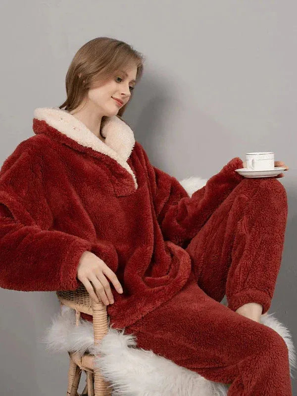 Cozy Women's Plush Fleece Pajama Sets in Gray, Purple & Lace-Up Options