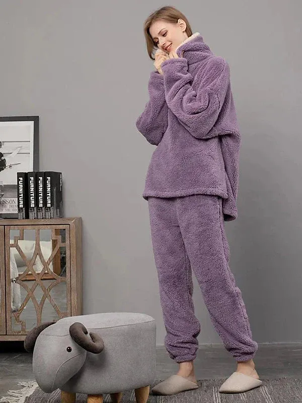 Cozy Women's Plush Fleece Pajama Sets in Gray, Purple & Lace-Up Options