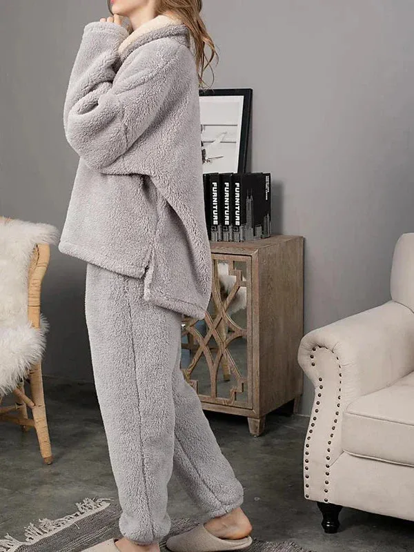 Cozy Women's Plush Fleece Pajama Sets in Gray, Purple & Lace-Up Options