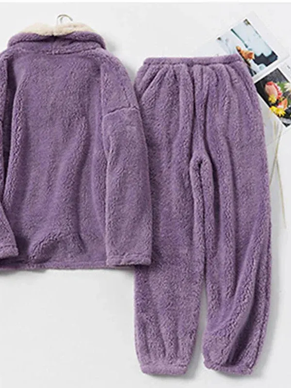 Cozy Women's Plush Fleece Pajama Sets in Gray, Purple & Lace-Up Options