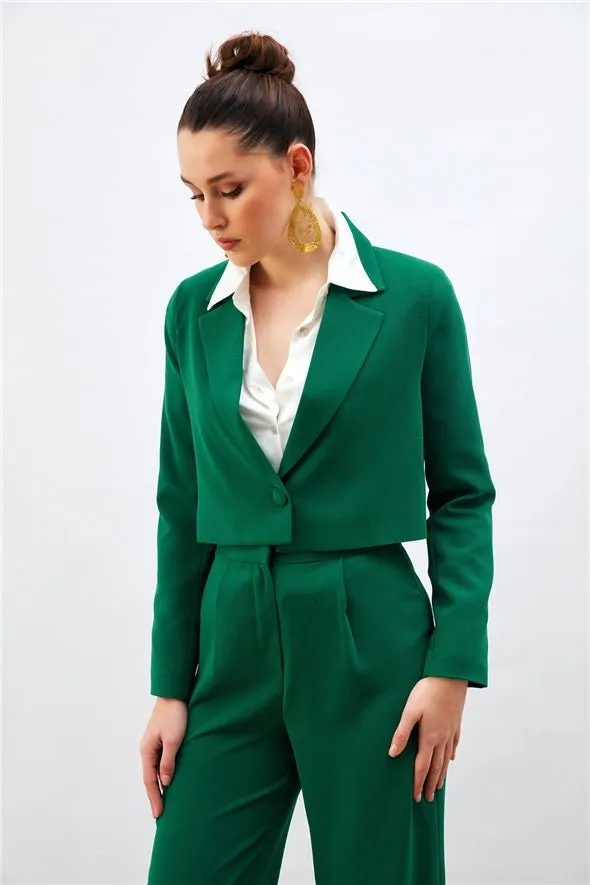 Crop Crepe Formal Blazer - Green