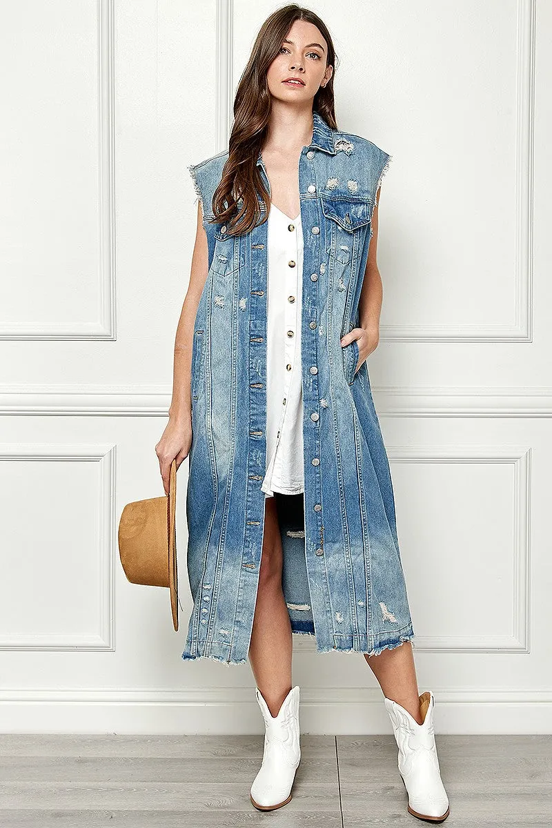 Stylish Distressed Denim Duster-Style Vest