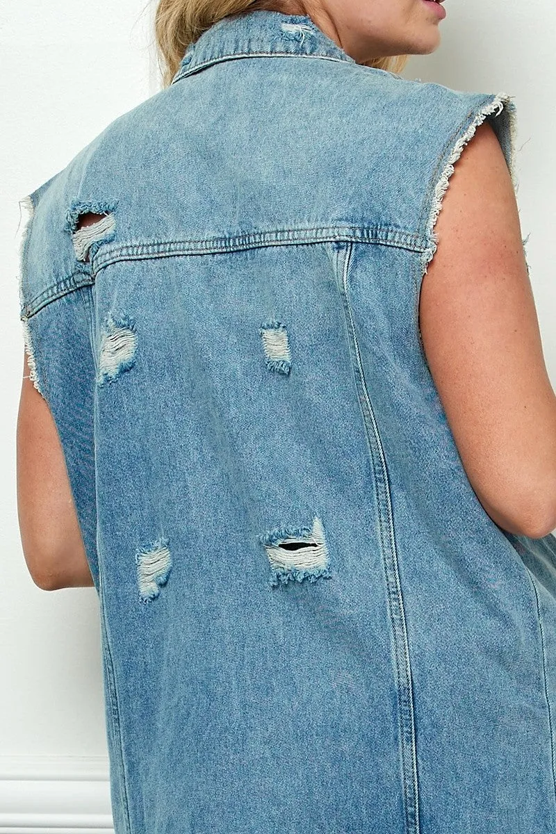 Stylish Distressed Denim Duster-Style Vest