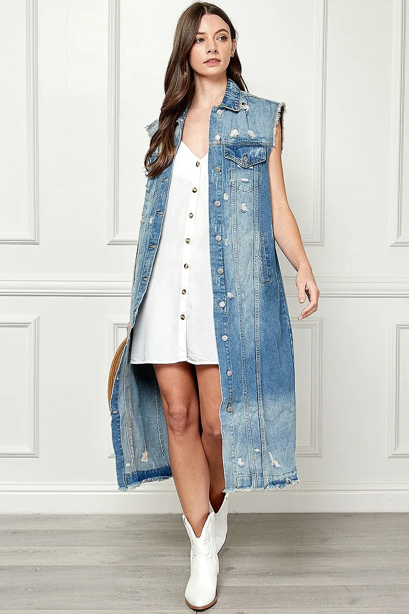 Stylish Distressed Denim Duster-Style Vest