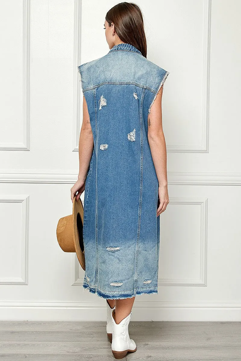 Stylish Distressed Denim Duster-Style Vest