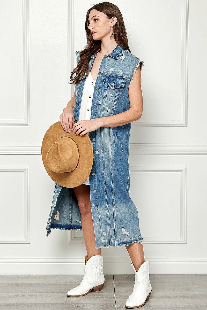 Stylish Distressed Denim Duster-Style Vest