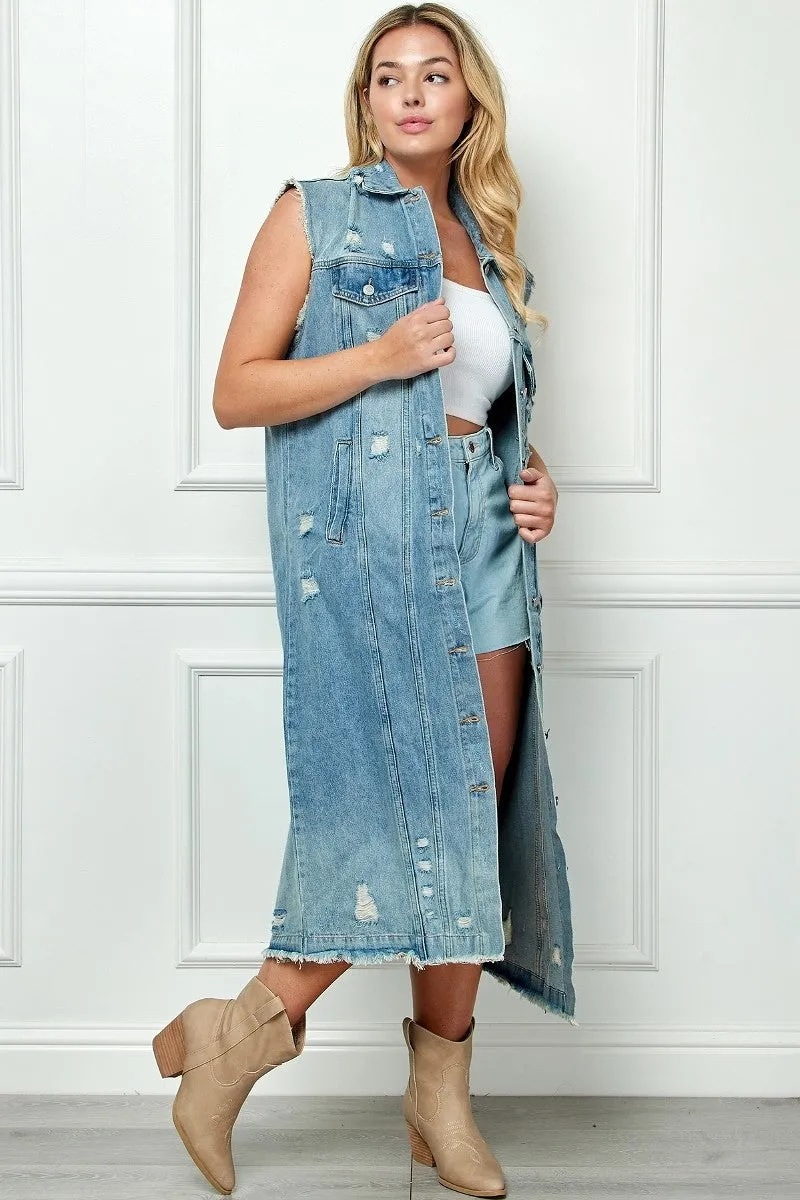 Stylish Distressed Denim Duster-Style Vest