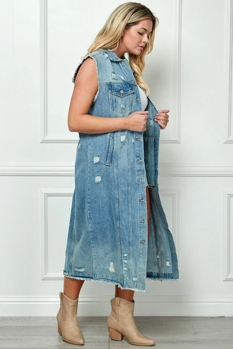 Stylish Distressed Denim Duster-Style Vest